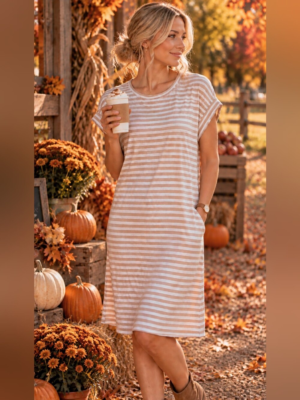 Casual Stripe Cotton T-Shirt Dress in Beige and White
